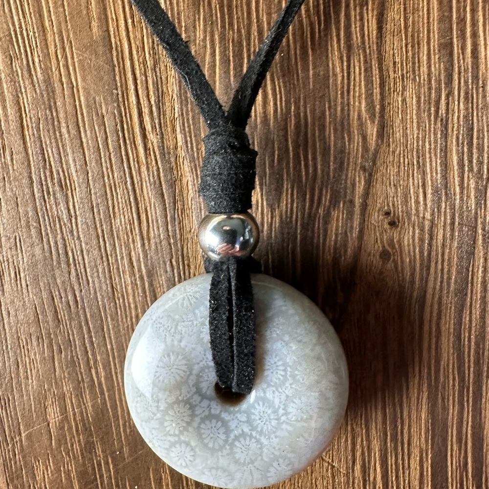 Gray/White Coral Fossil Donut Pendant on Black Faux Suede